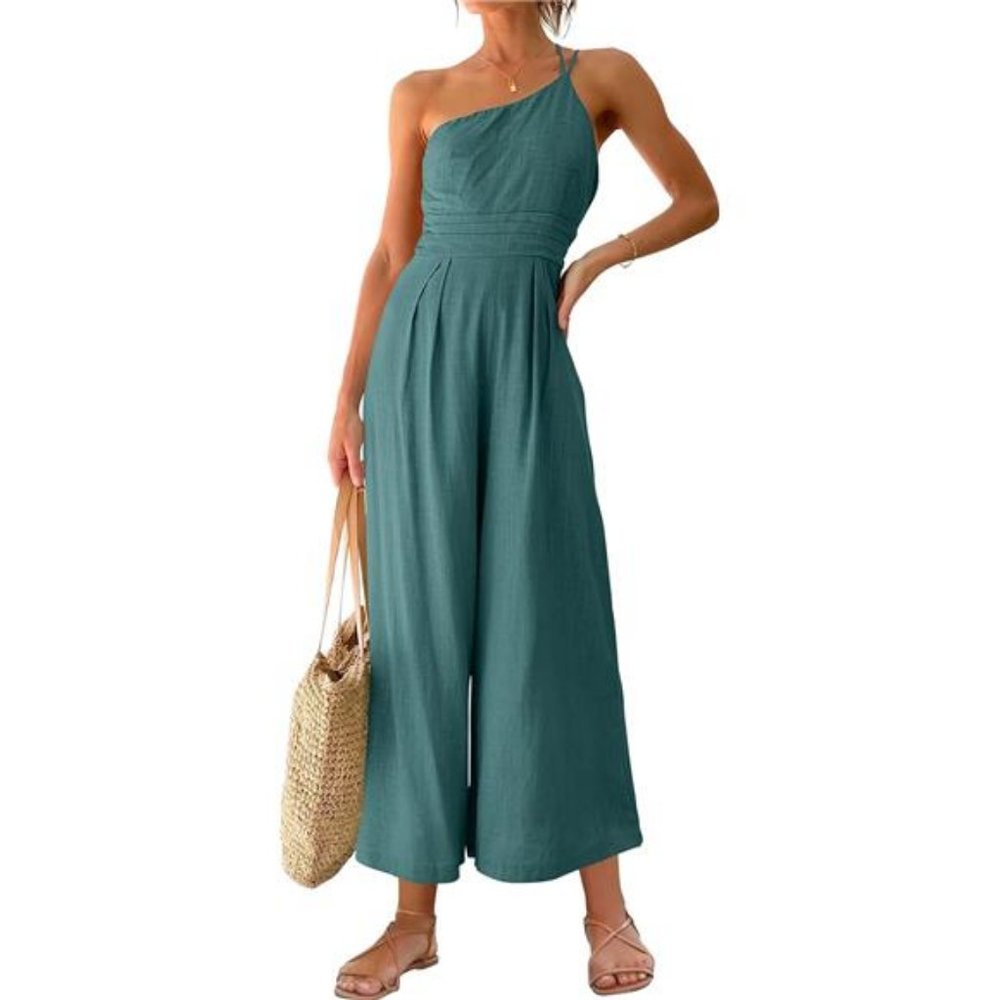 Women's Blue Summer Straps One‎ Shoulder Casual Wide Leg Linen Jumpsuit Romper